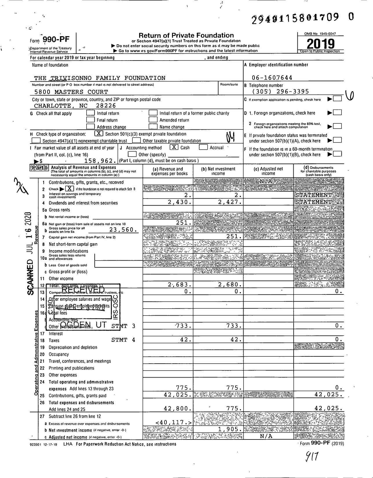Image of first page of 2019 Form 990PR for The Trivisonno Family Foundation