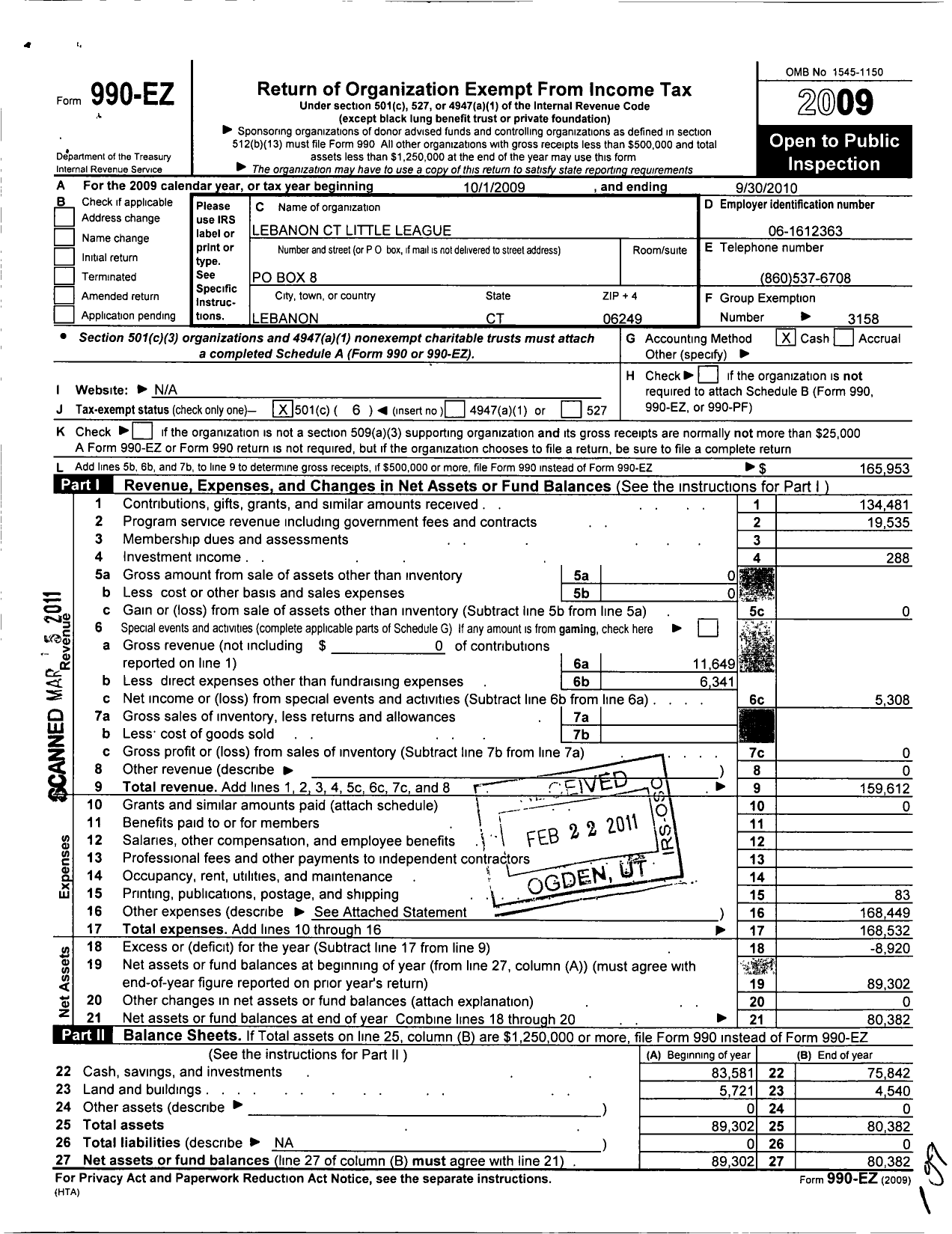 Image of first page of 2009 Form 990EO for Little League Baseball