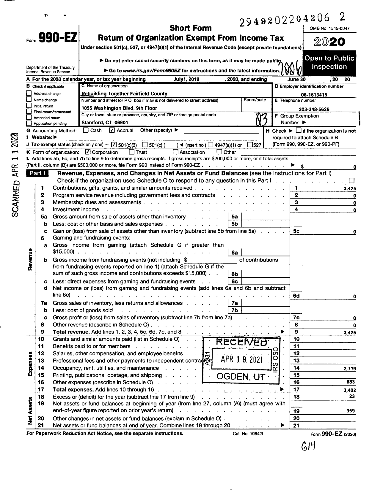 Image of first page of 2019 Form 990EZ for Rebuilding Together Fairfield County