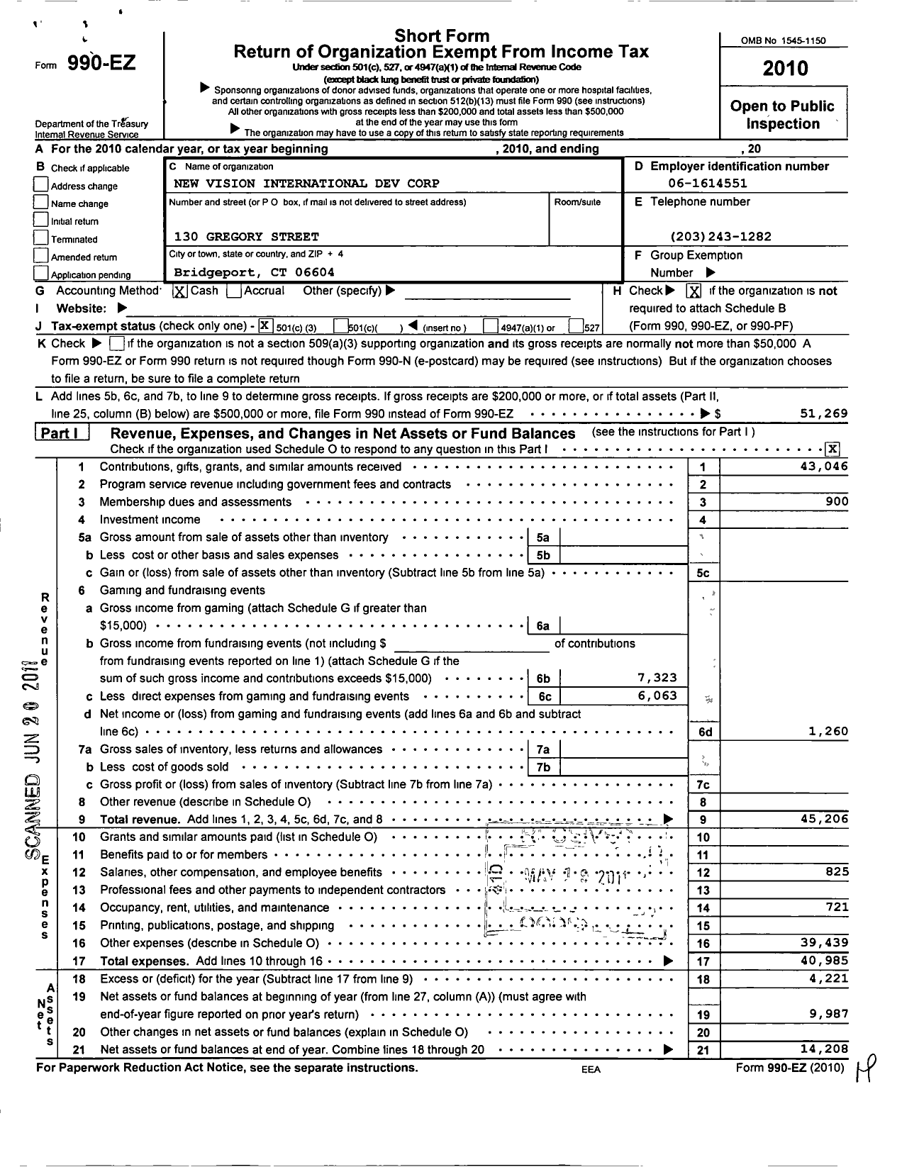 Image of first page of 2010 Form 990EZ for Park City Regional Development Corporation of Connecticut