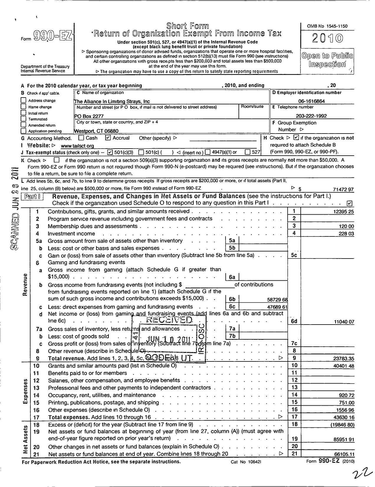 Image of first page of 2010 Form 990EZ for The Alliance in Limiting Strays (TAILS)