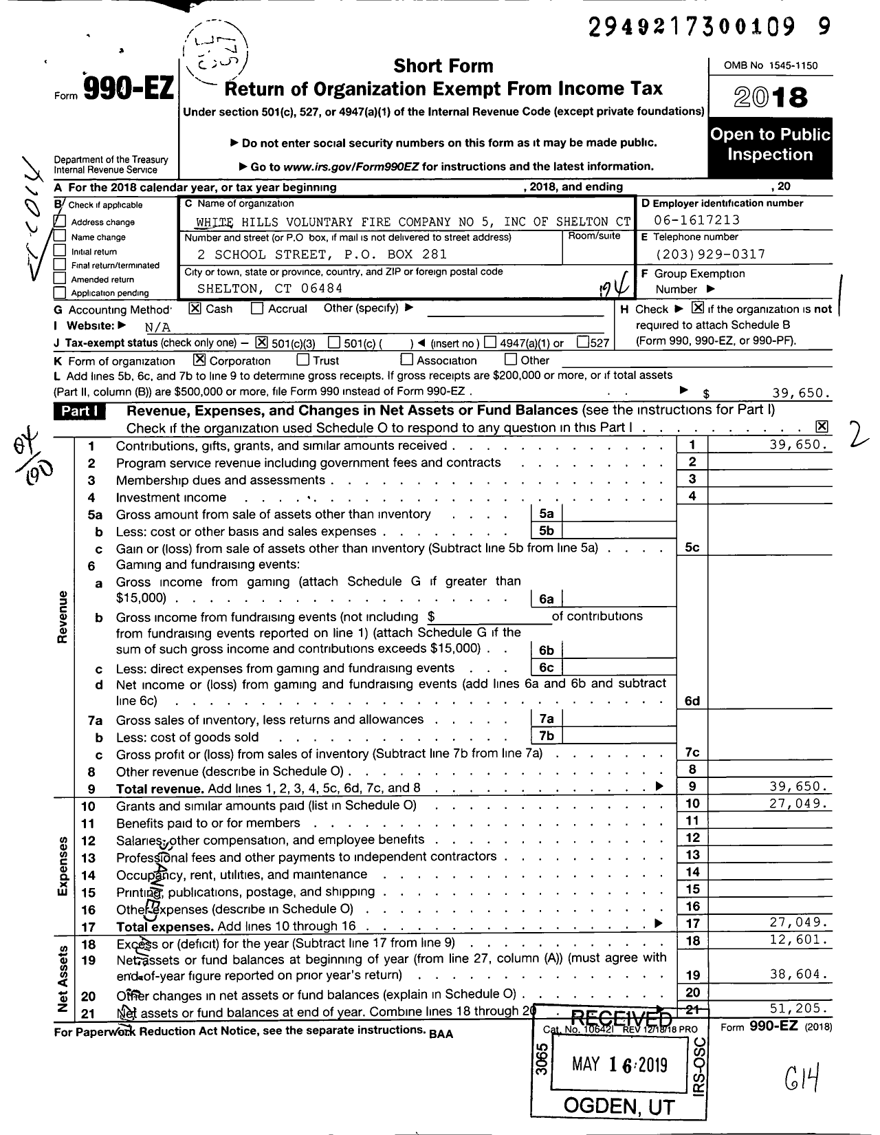 Image of first page of 2018 Form 990EO for The White Hills Voluntary Fire Company No 5 of Shelton Connecticu