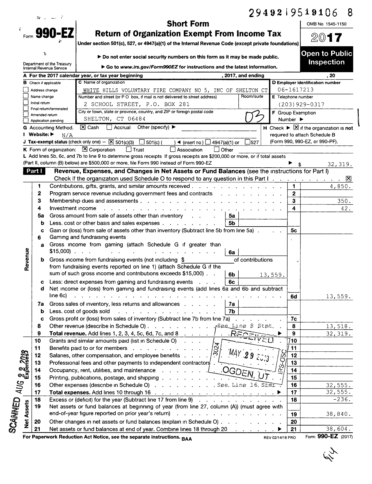 Image of first page of 2017 Form 990EZ for The White Hills Voluntary Fire Company No 5 of Shelton Connecticu