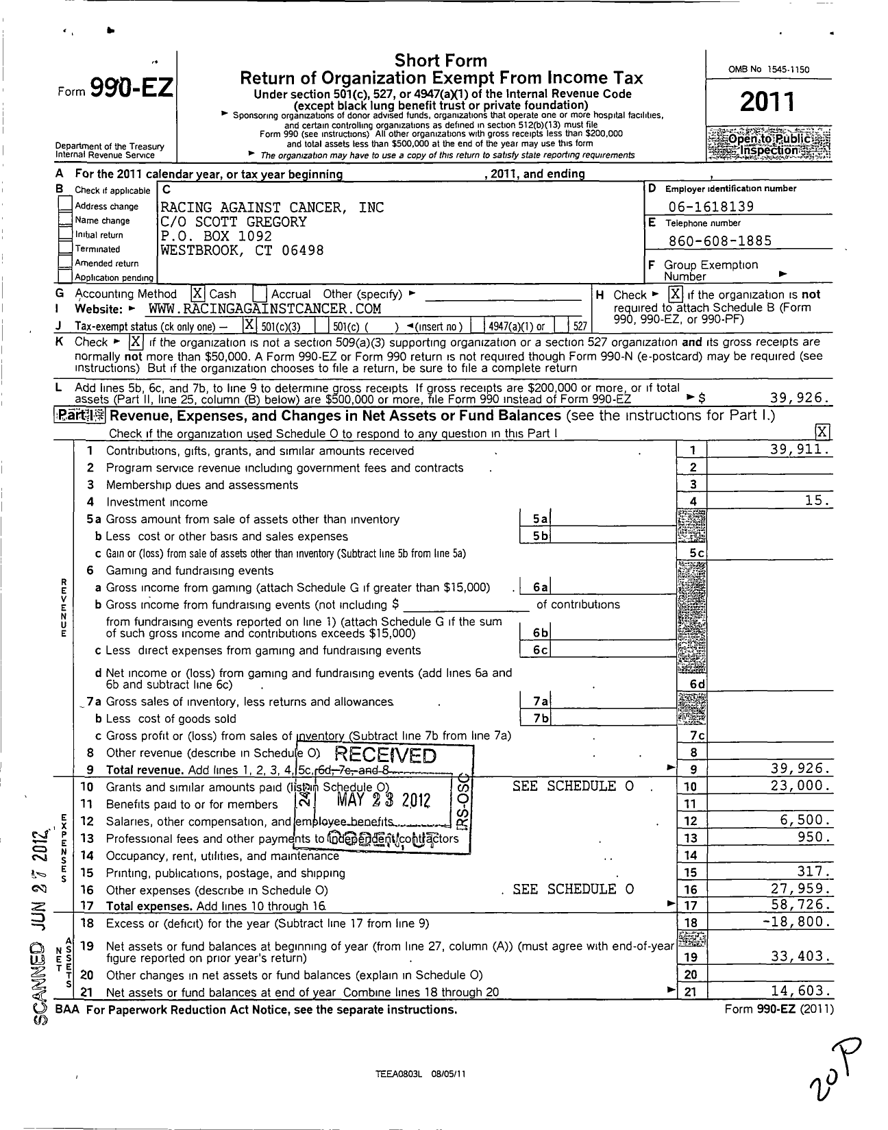 Image of first page of 2011 Form 990EZ for Racing Against Cancer