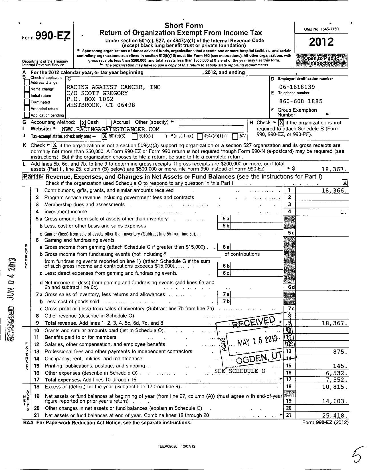 Image of first page of 2012 Form 990EZ for Racing Against Cancer