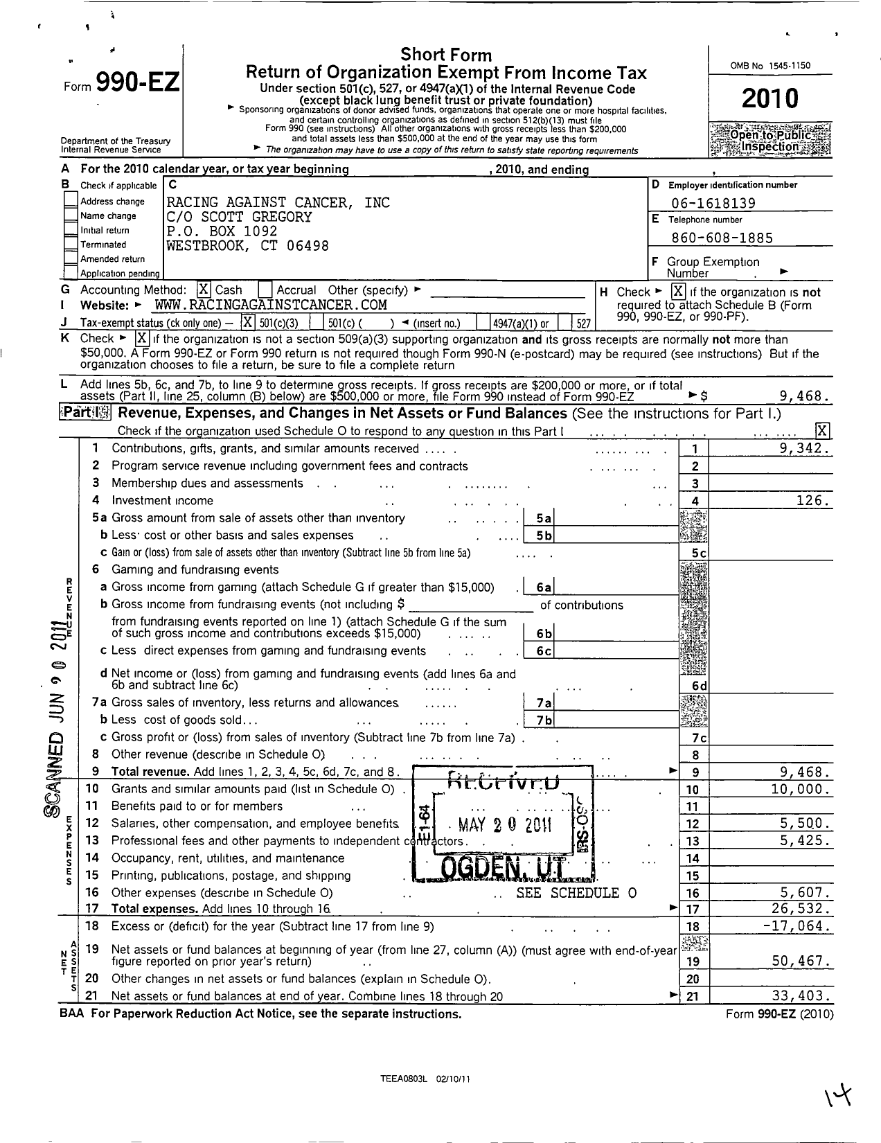 Image of first page of 2010 Form 990EZ for Racing Against Cancer