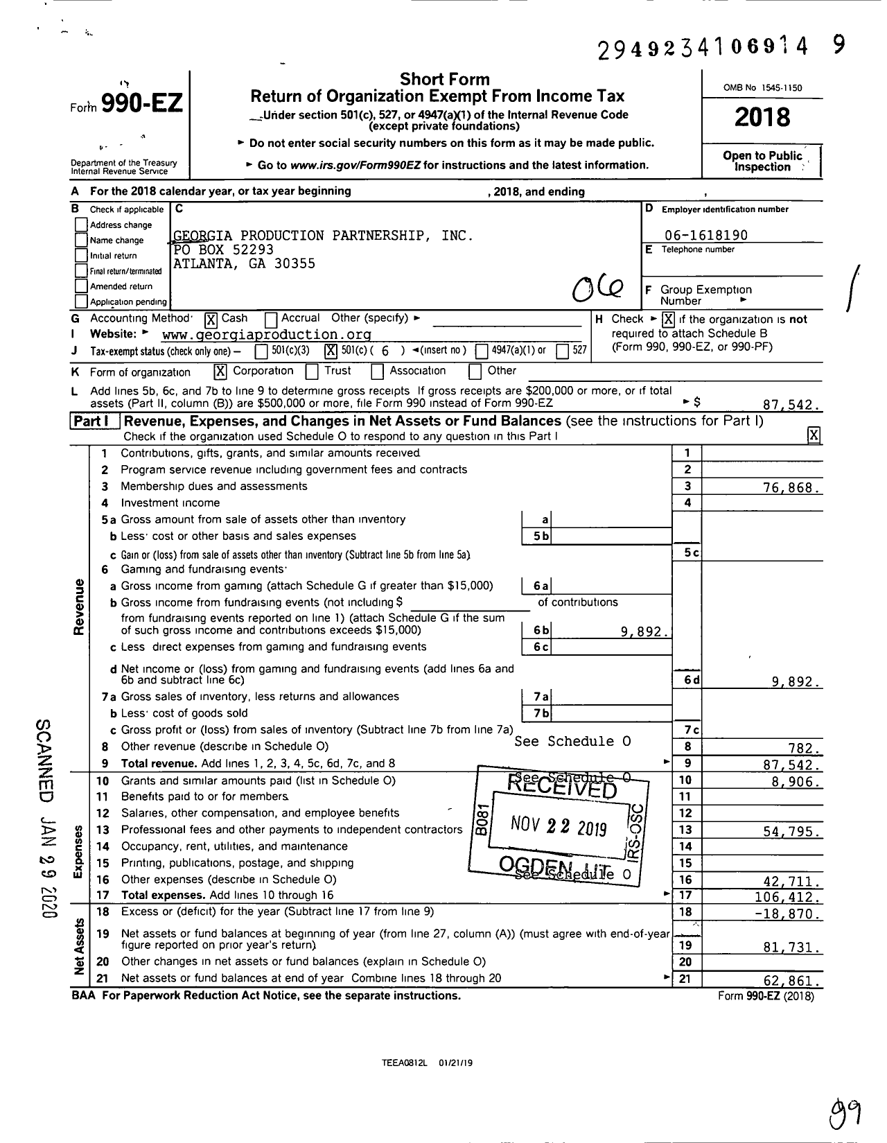 Image of first page of 2018 Form 990EO for Georgia Production Partnership