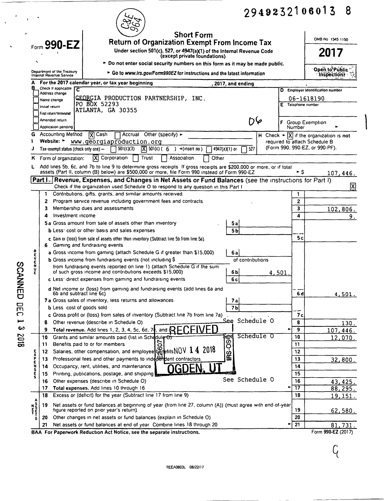 Image of first page of 2017 Form 990EO for Georgia Production Partnership