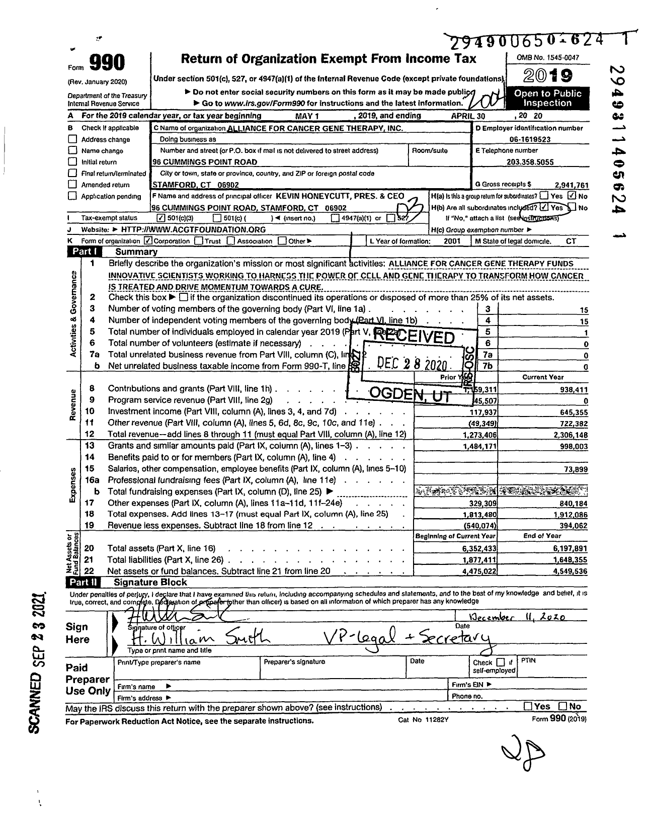 Image of first page of 2019 Form 990 for Alliance for Cancer Gene Therapy