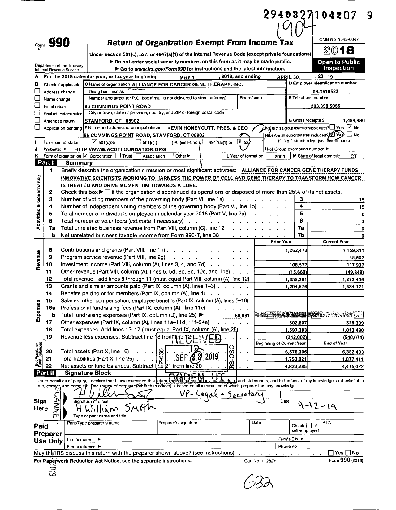 Image of first page of 2018 Form 990 for Alliance for Cancer Gene Therapy