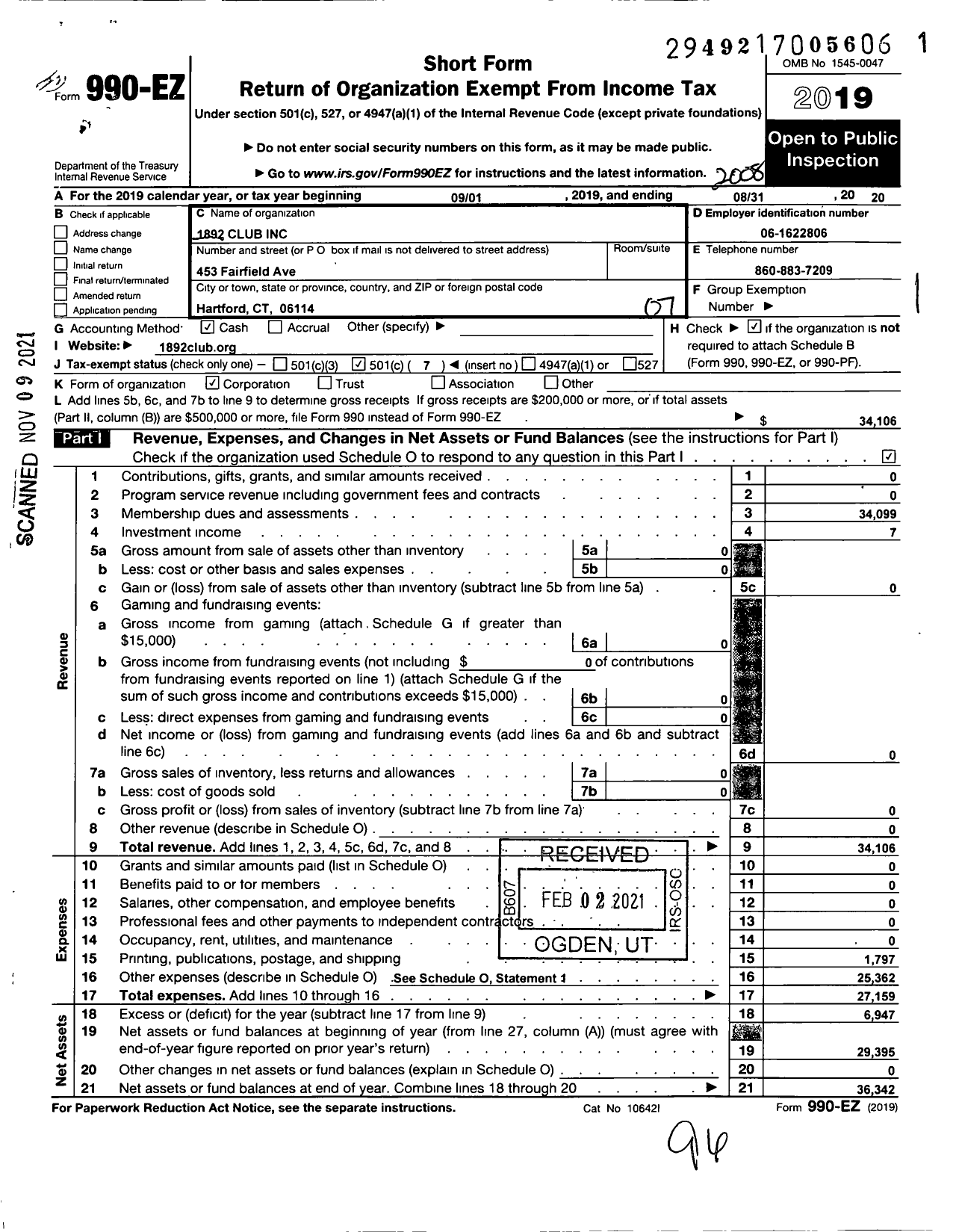 Image of first page of 2019 Form 990EO for 1892 Club