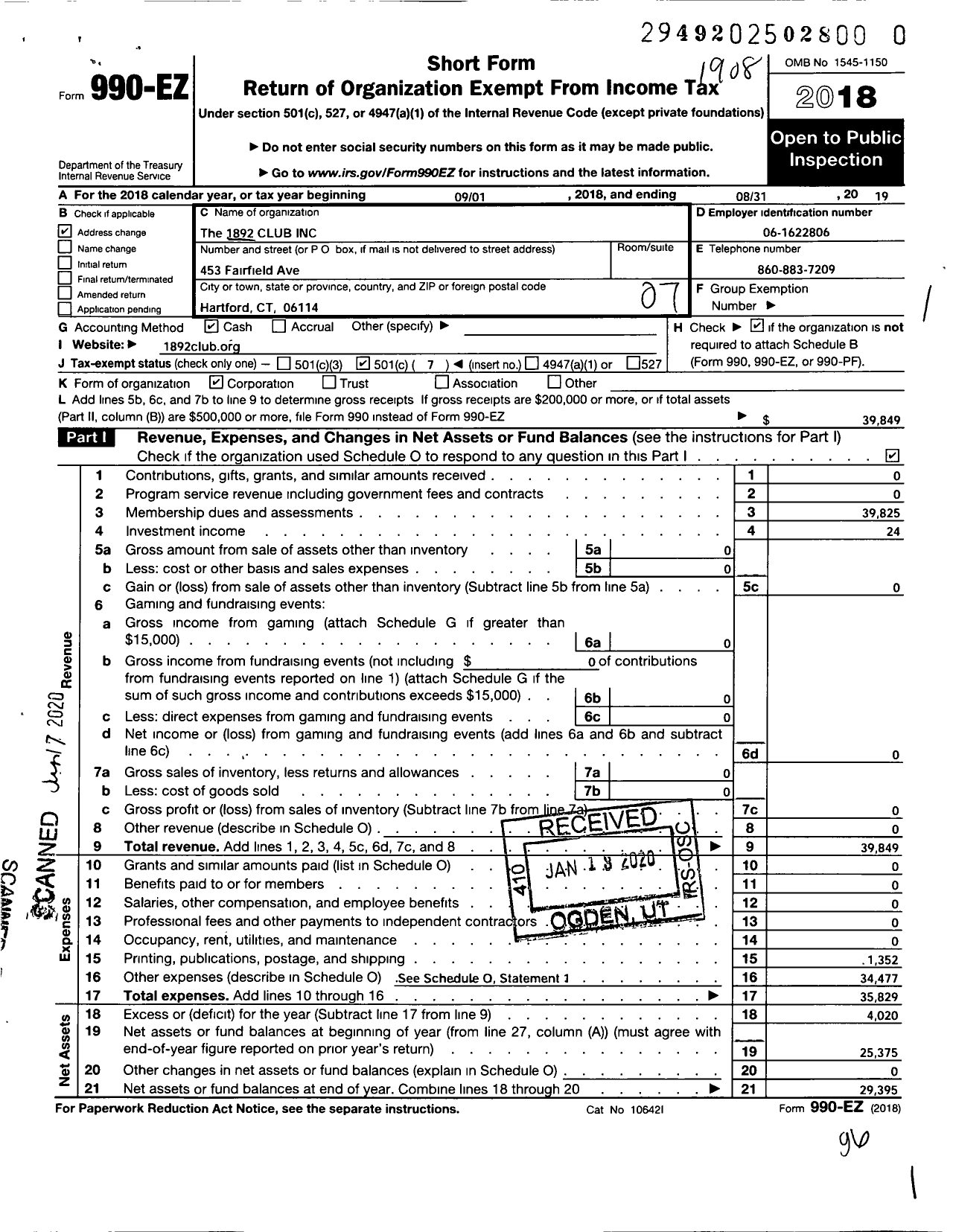 Image of first page of 2018 Form 990EO for 1892 Club