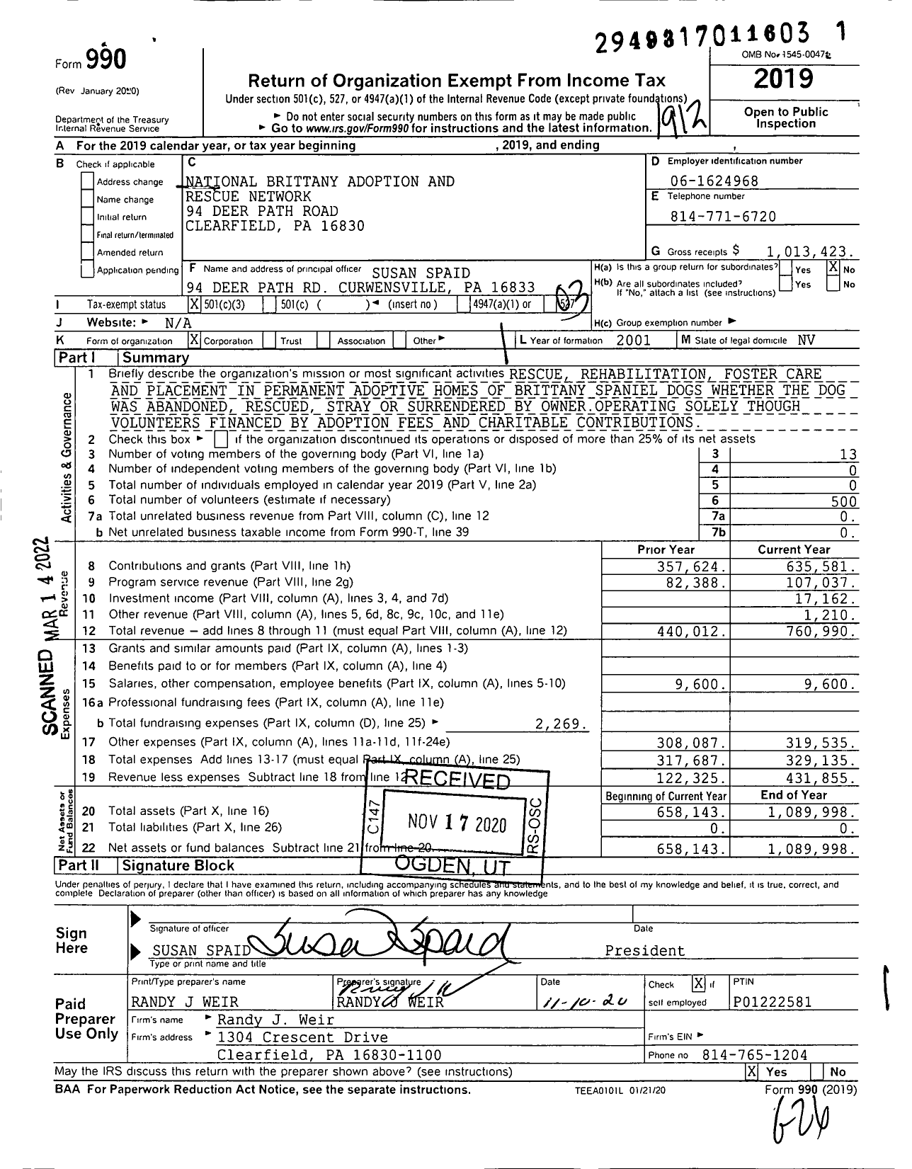 Image of first page of 2019 Form 990 for National Brittany Adoption and Rescue Network