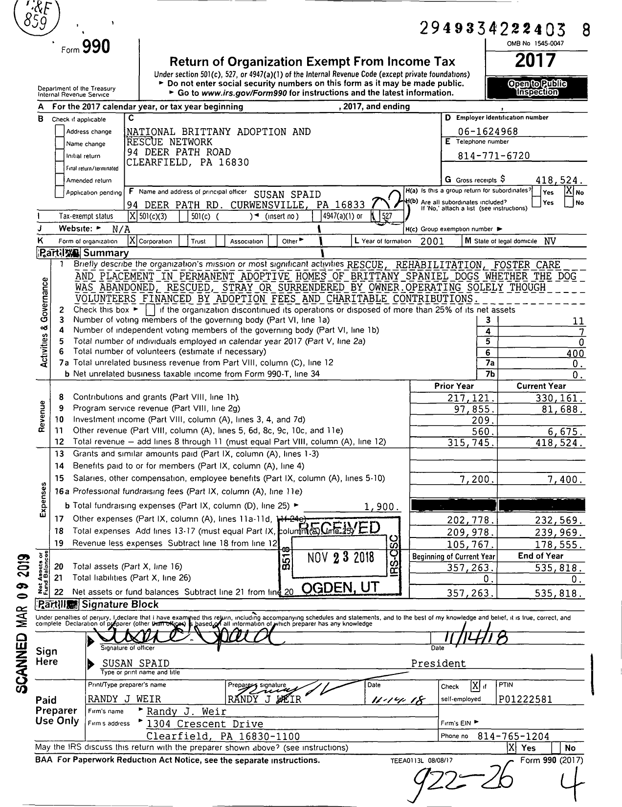 Image of first page of 2017 Form 990 for National Brittany Adoption and Rescue Network