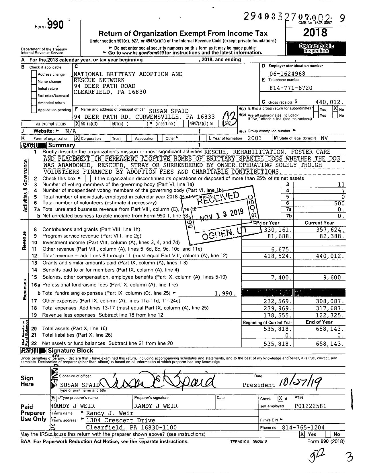 Image of first page of 2018 Form 990 for National Brittany Adoption and Rescue Network