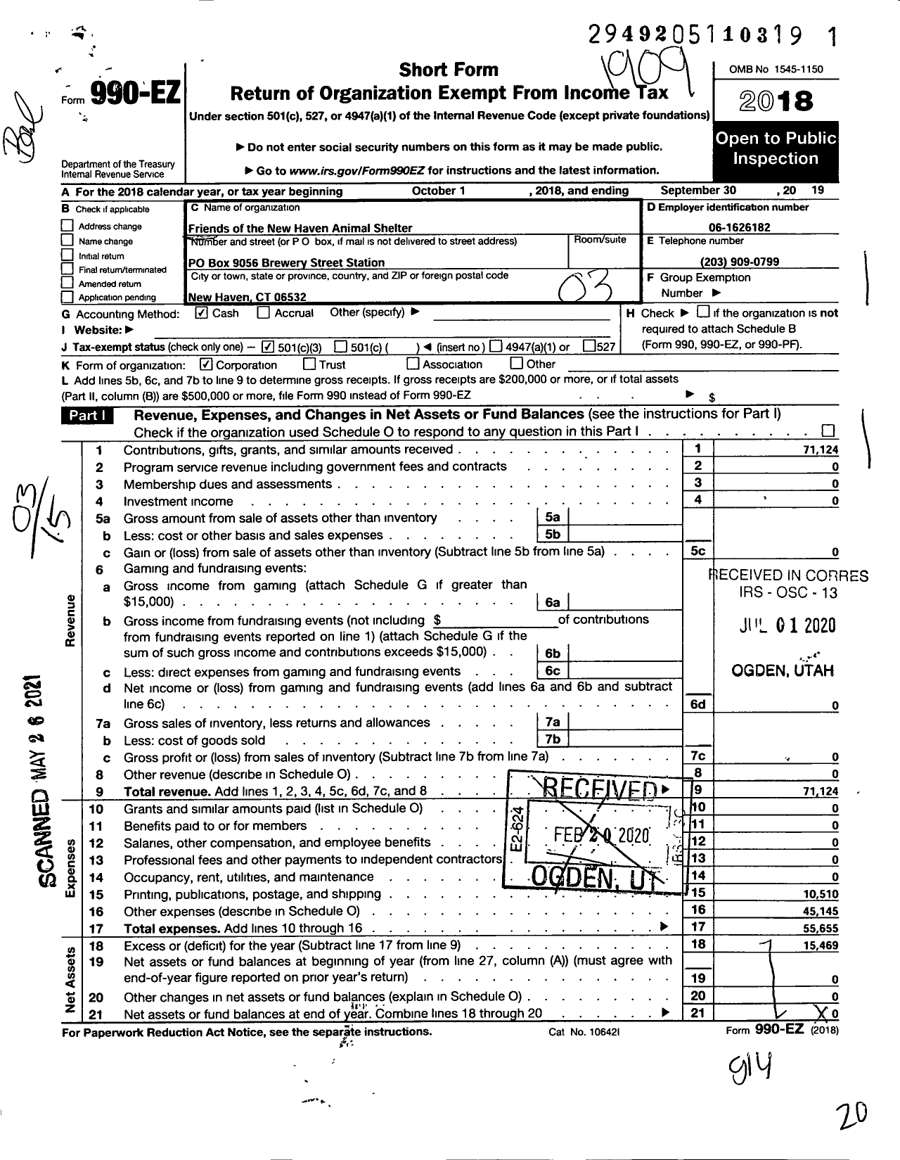 Image of first page of 2018 Form 990EZ for Friends of the New Haven Animal Shelter