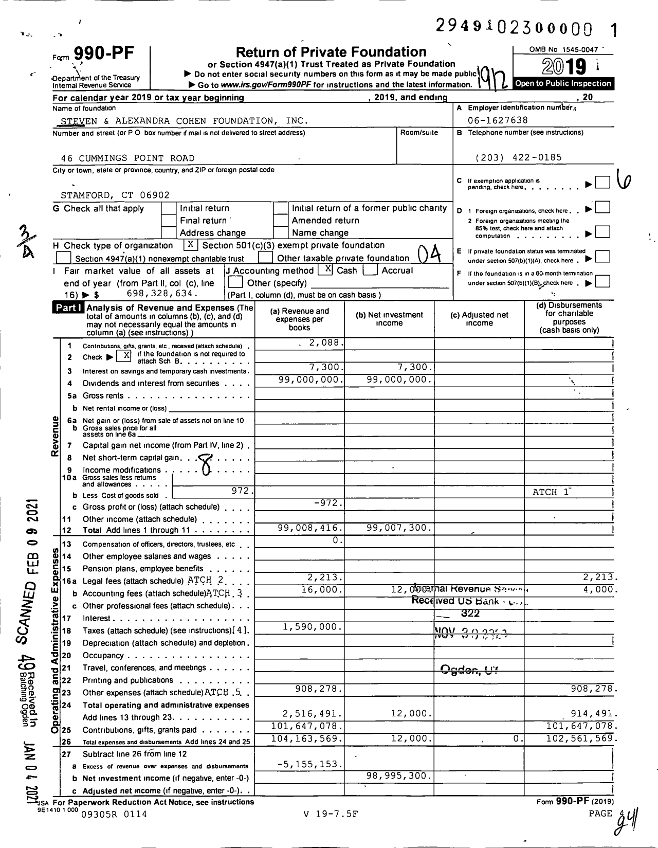 Image of first page of 2019 Form 990PF for Steven and Alexandra Cohen Foundation