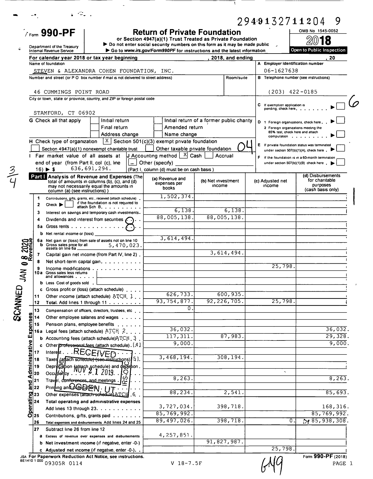 Image of first page of 2018 Form 990PF for Steven and Alexandra Cohen Foundation