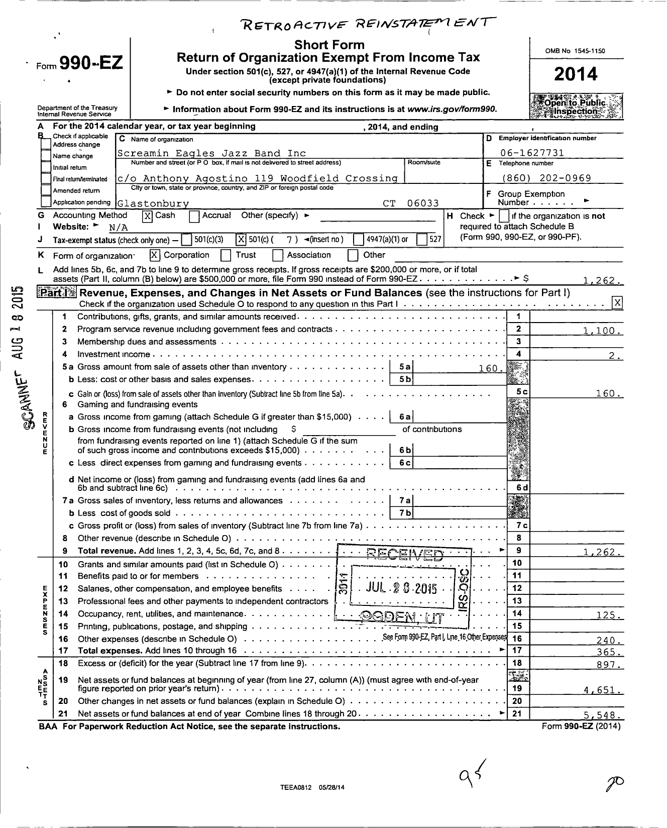 Image of first page of 2014 Form 990EO for Screamin Eagles Jazz Band