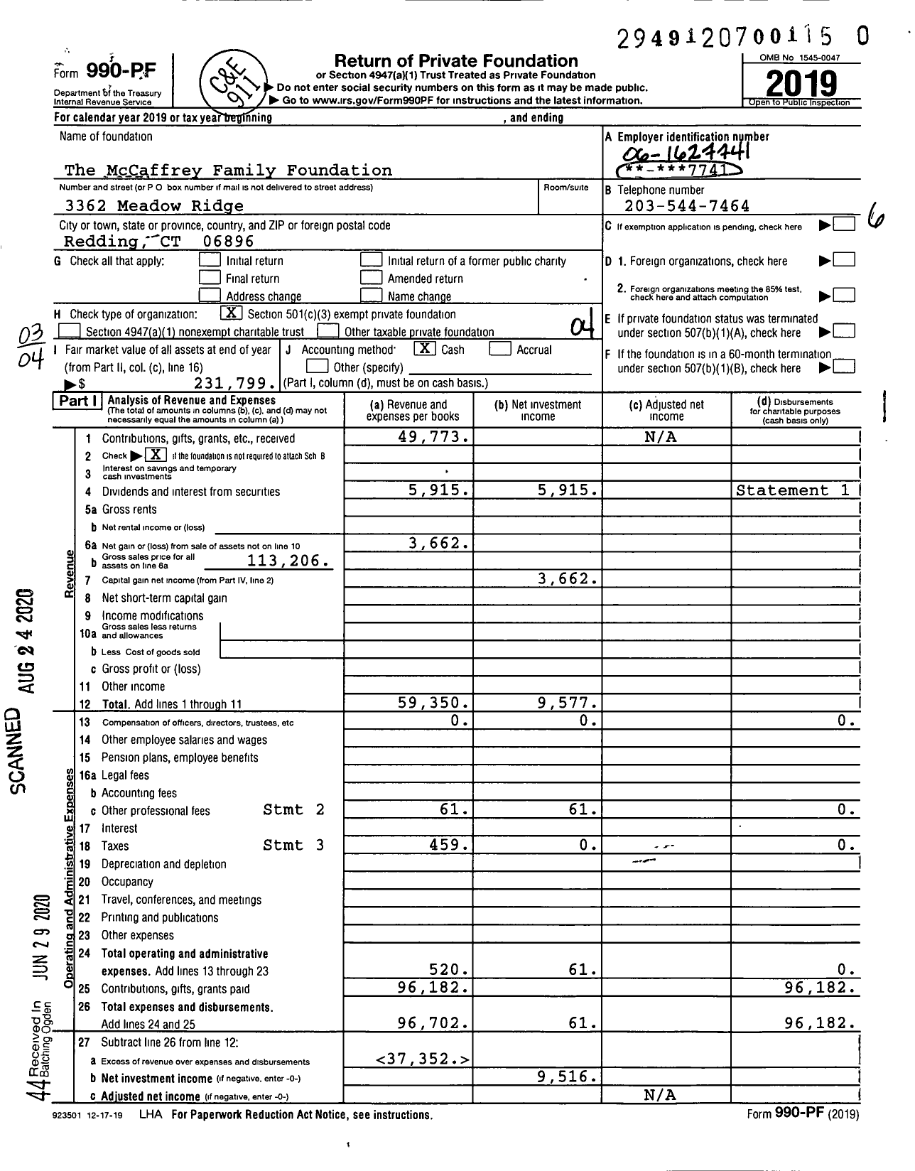 Image of first page of 2019 Form 990PR for The Mccaffrey Family Foundation