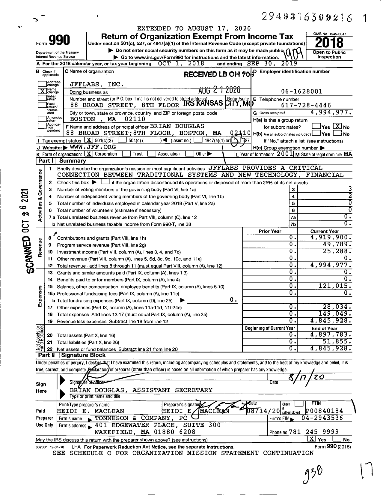 Image of first page of 2018 Form 990 for Jfflabs