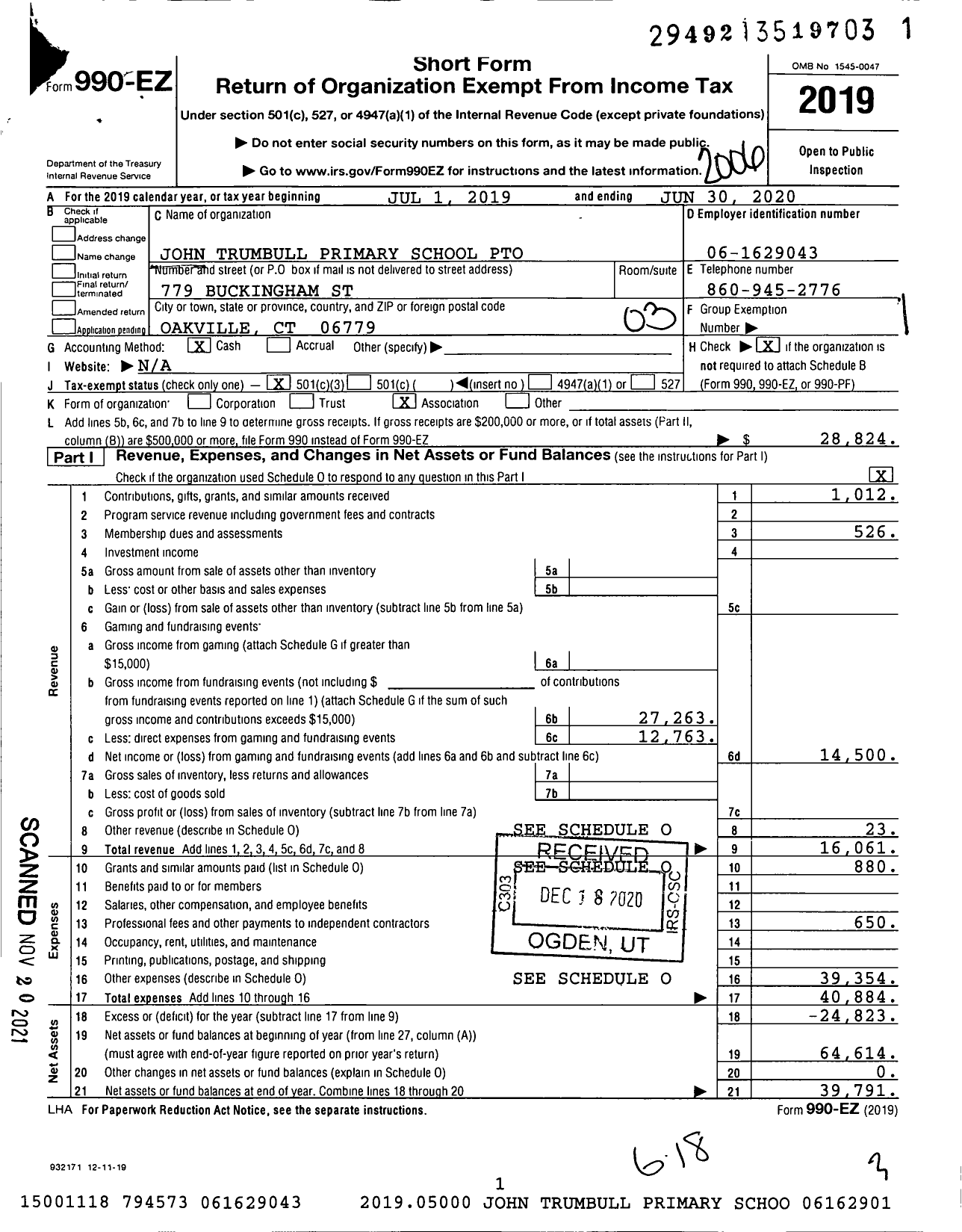 Image of first page of 2019 Form 990EZ for John Trumbull Primary School Pto