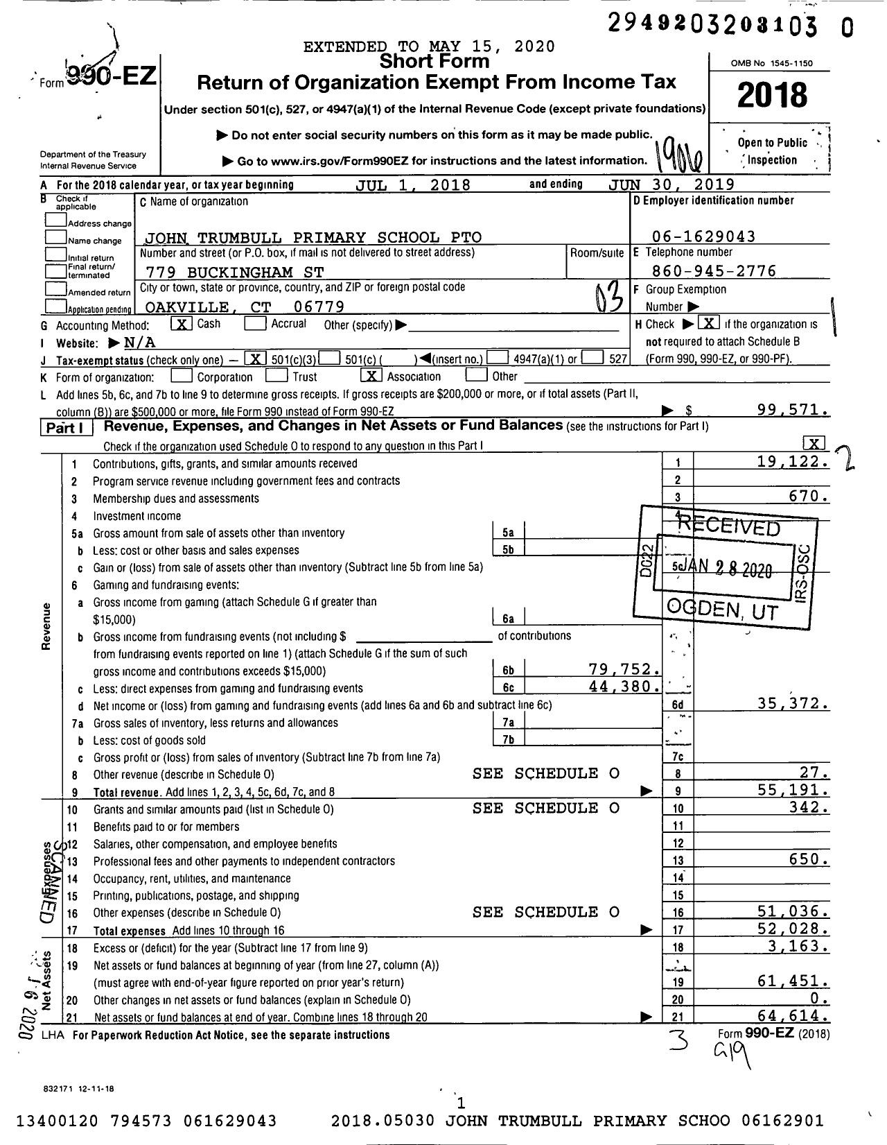 Image of first page of 2018 Form 990EZ for John Trumbull Primary School Pto