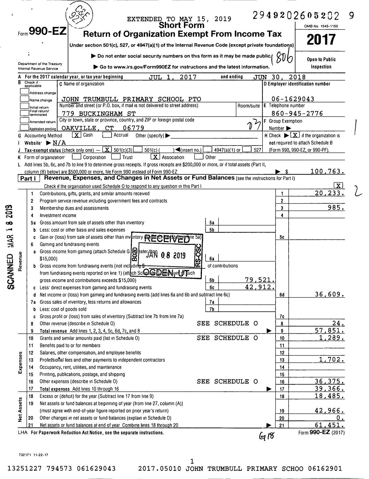 Image of first page of 2017 Form 990EZ for John Trumbull Primary School Pto