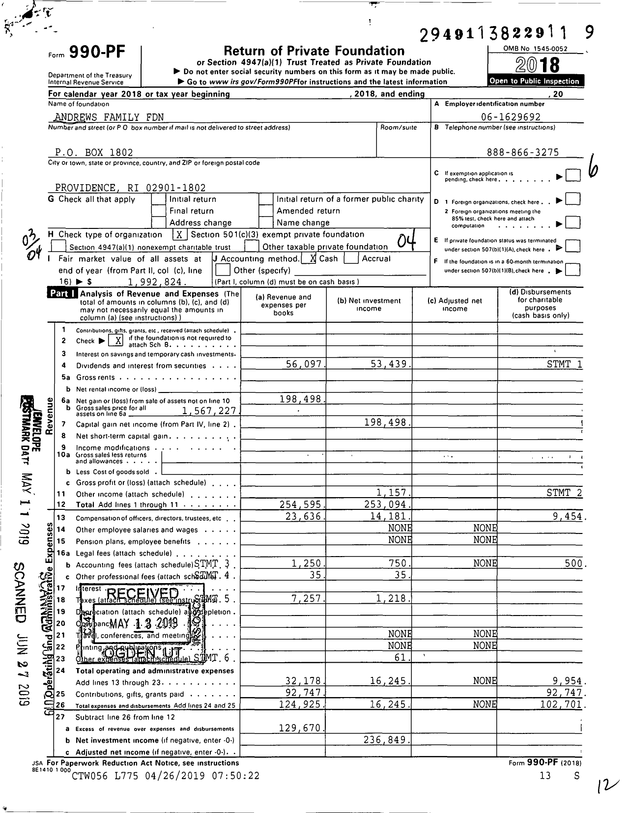 Image of first page of 2018 Form 990PF for Andrews Family Foundation / JS7 75232317