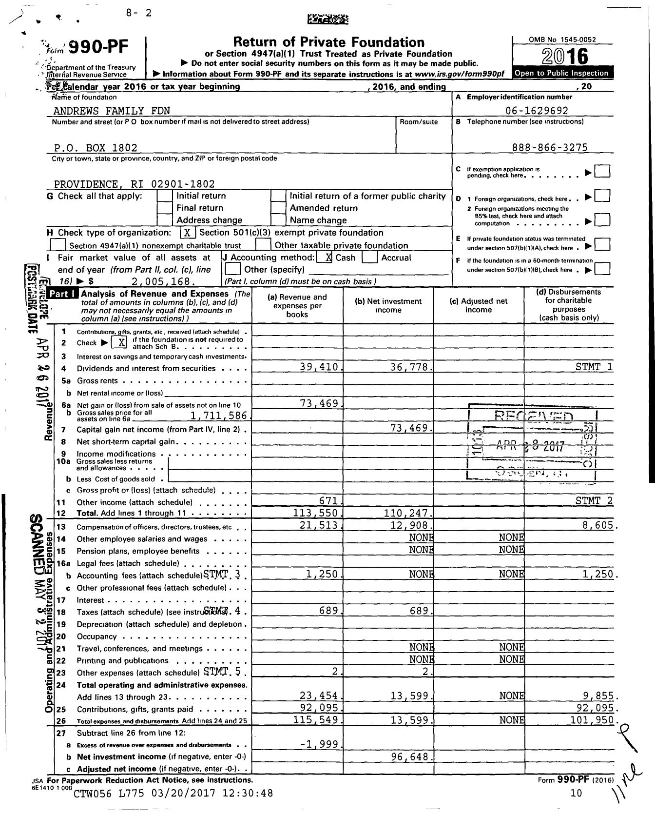 Image of first page of 2016 Form 990PF for Andrews Family Foundation / JS7 75232317