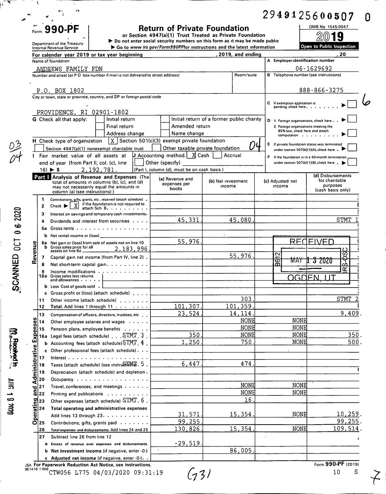 Image of first page of 2019 Form 990PR for Andrews Family Foundation / JS7 75232317