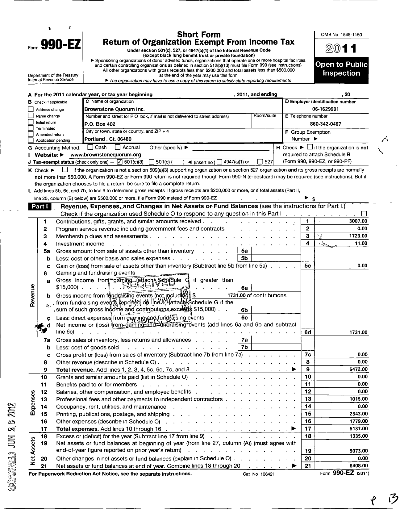 Image of first page of 2011 Form 990EZ for Brownstone Quarum