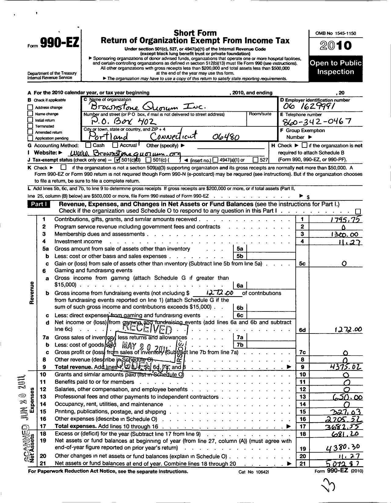 Image of first page of 2010 Form 990EZ for Brownstone Quarum