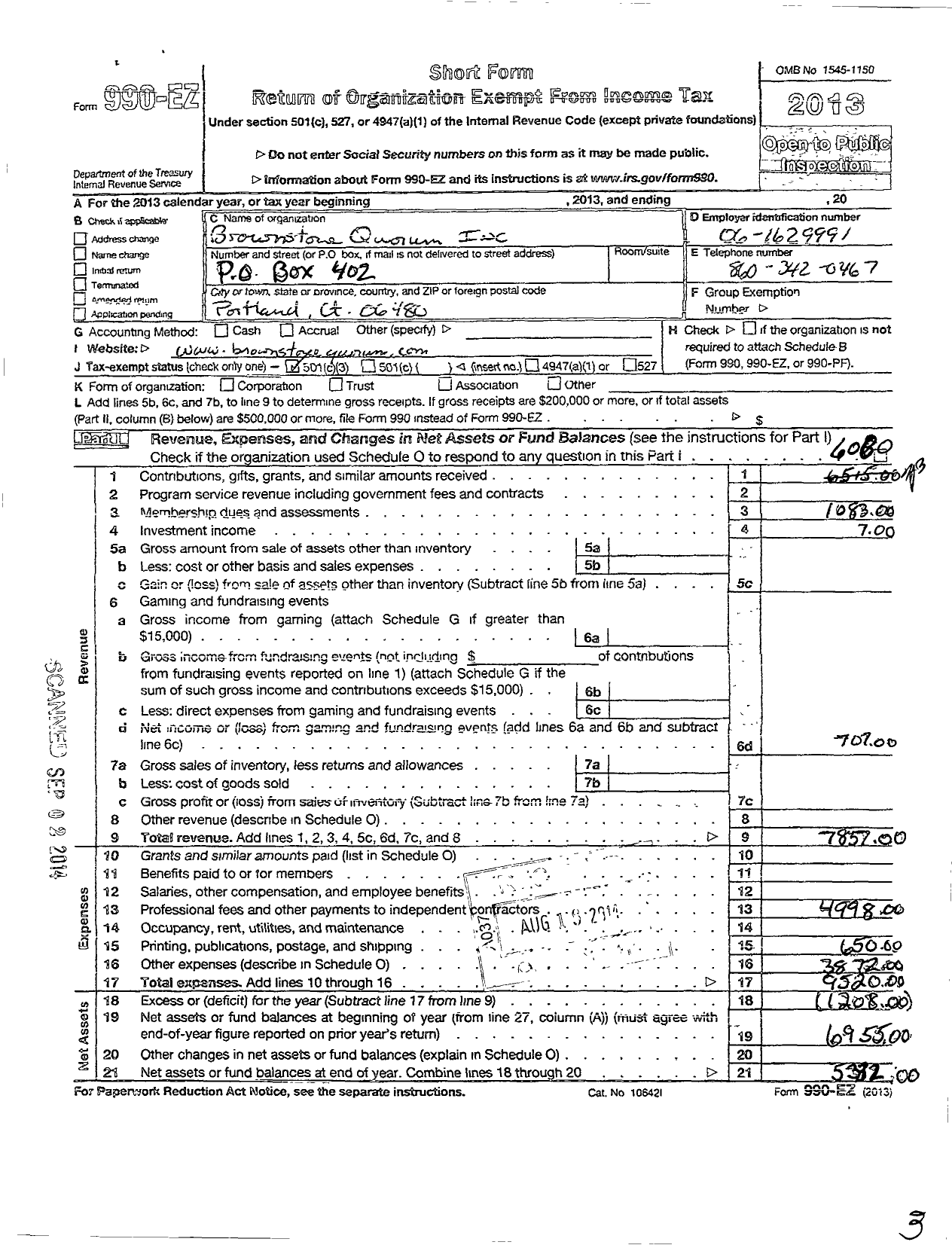 Image of first page of 2013 Form 990EZ for Brownstone Quarum