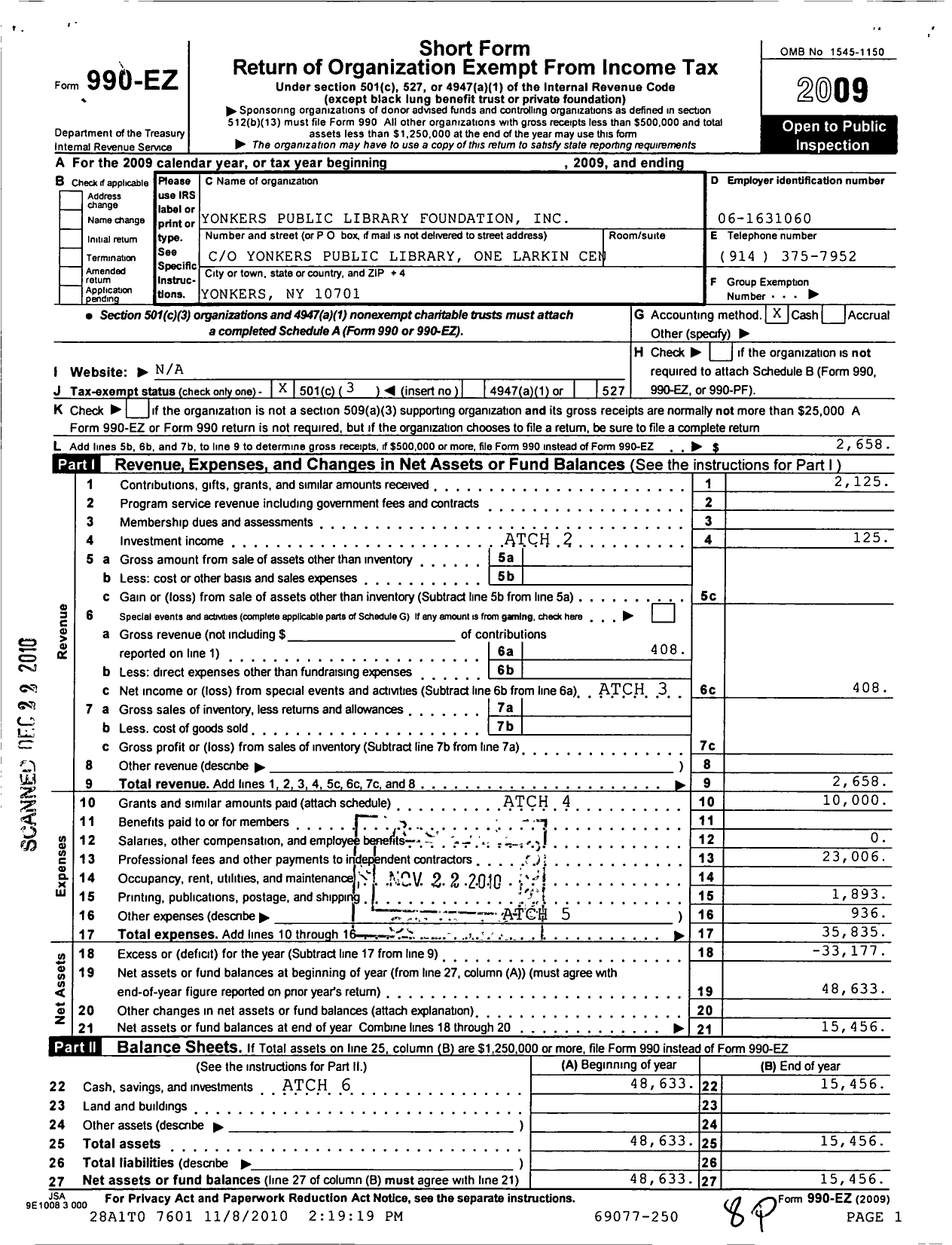 Image of first page of 2009 Form 990EZ for Yonkers Public Library Foundation