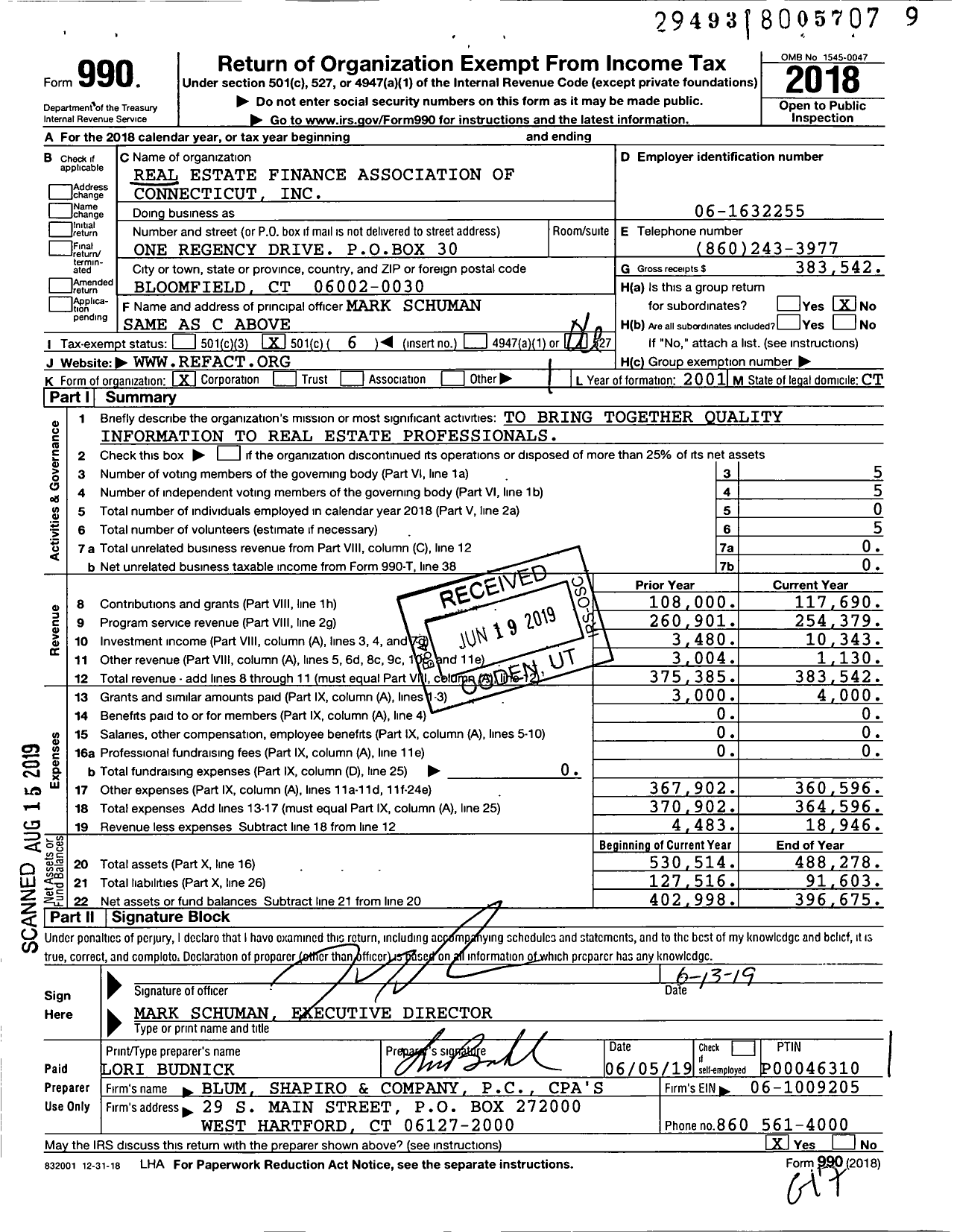 Image of first page of 2018 Form 990O for Real Estate Finance Association of Connecticut