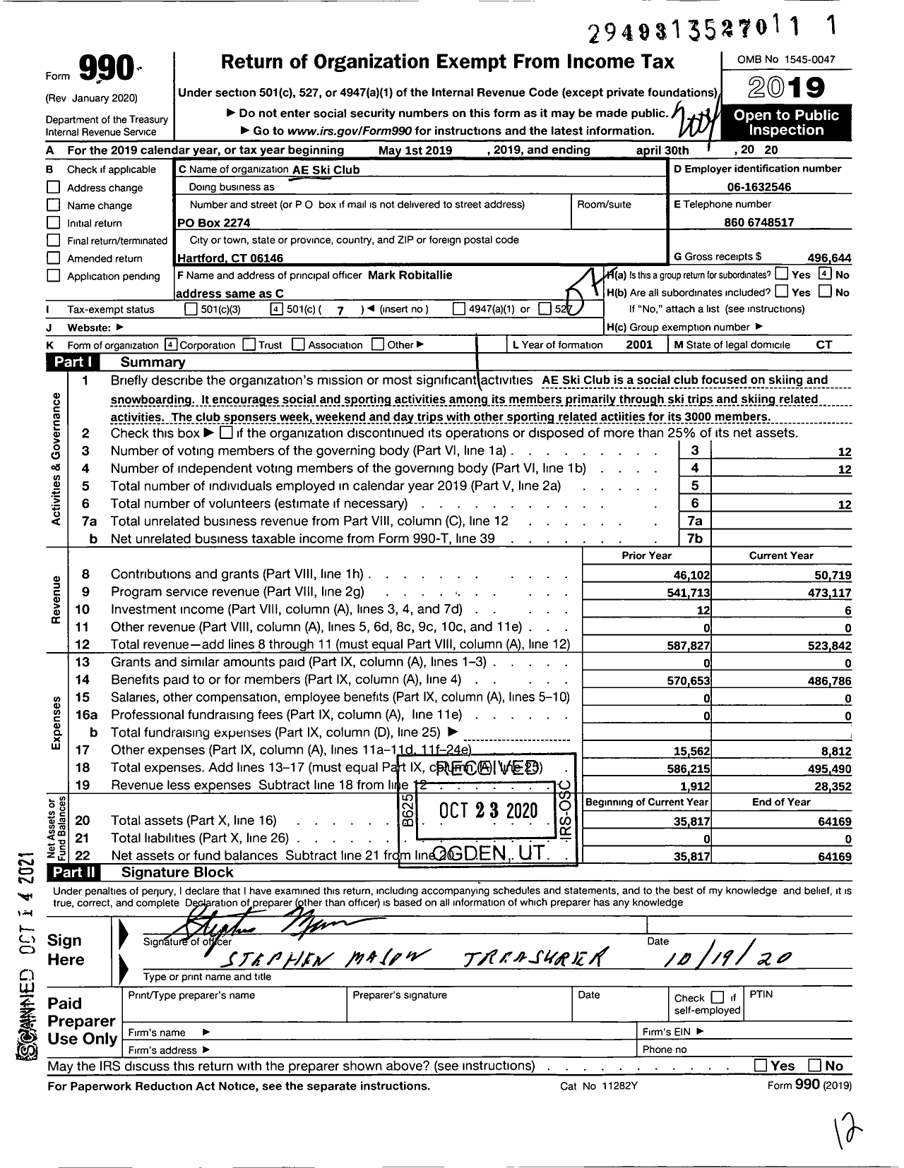 Image of first page of 2019 Form 990O for Ae Ski Club