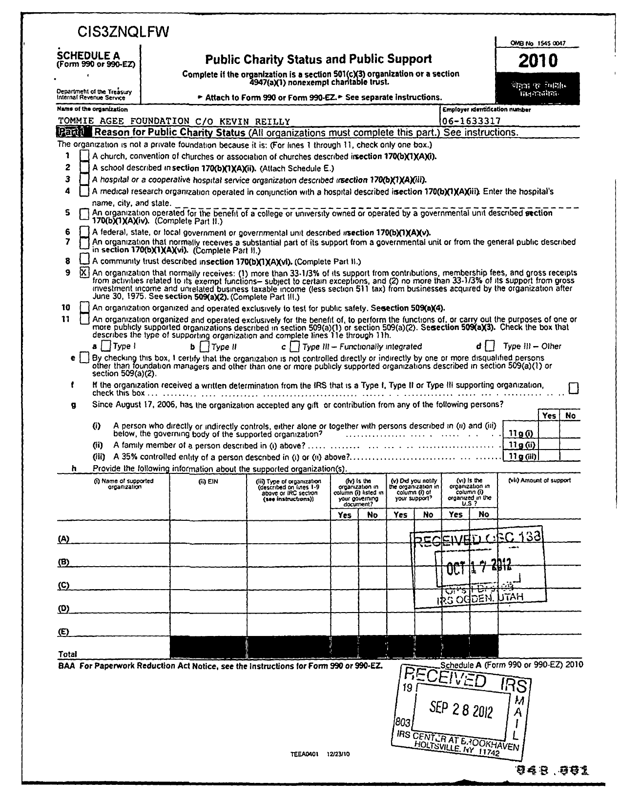 Image of first page of 2010 Form 990ER for Tommie Agee Foundation