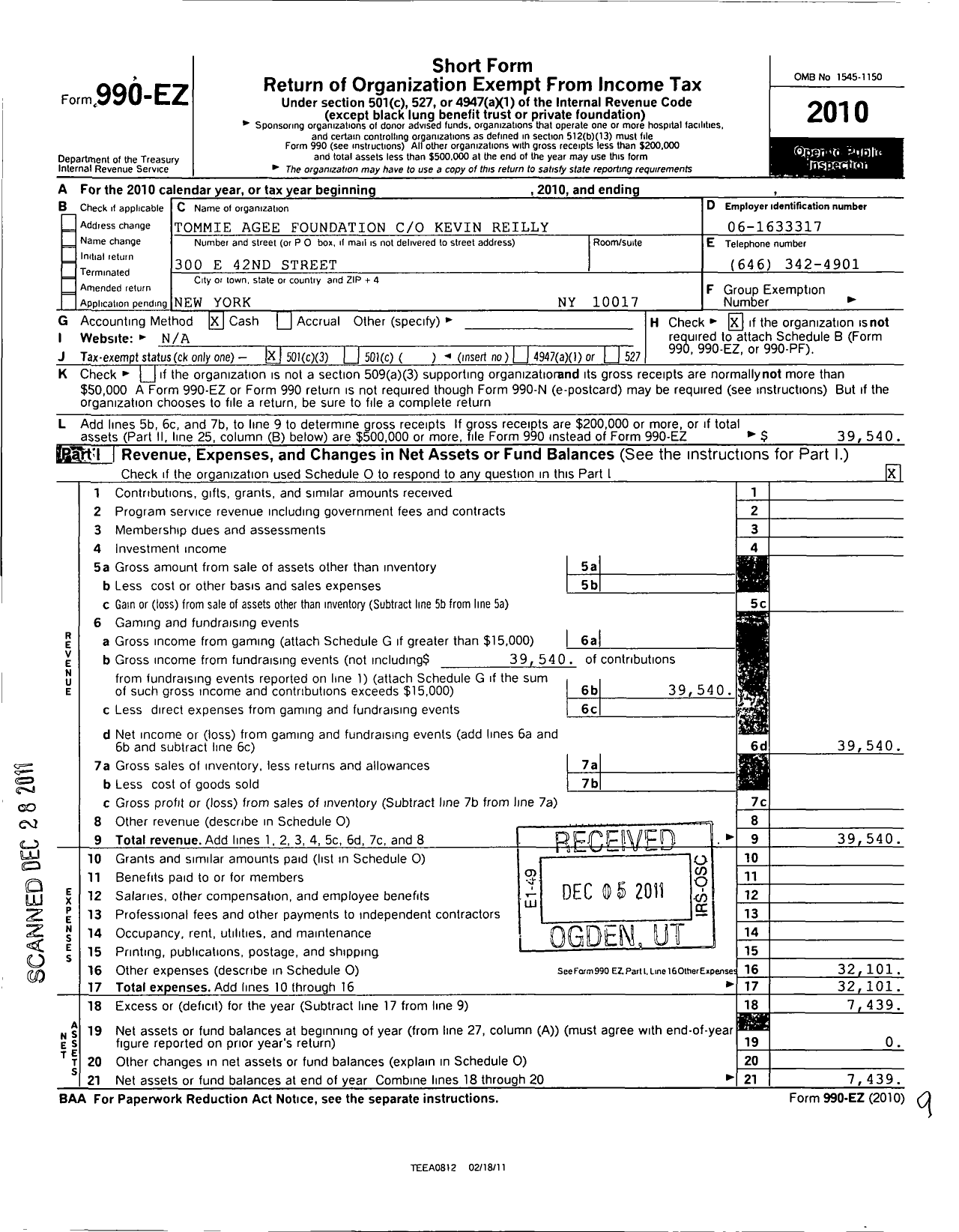 Image of first page of 2010 Form 990EZ for Tommie Agee Foundation