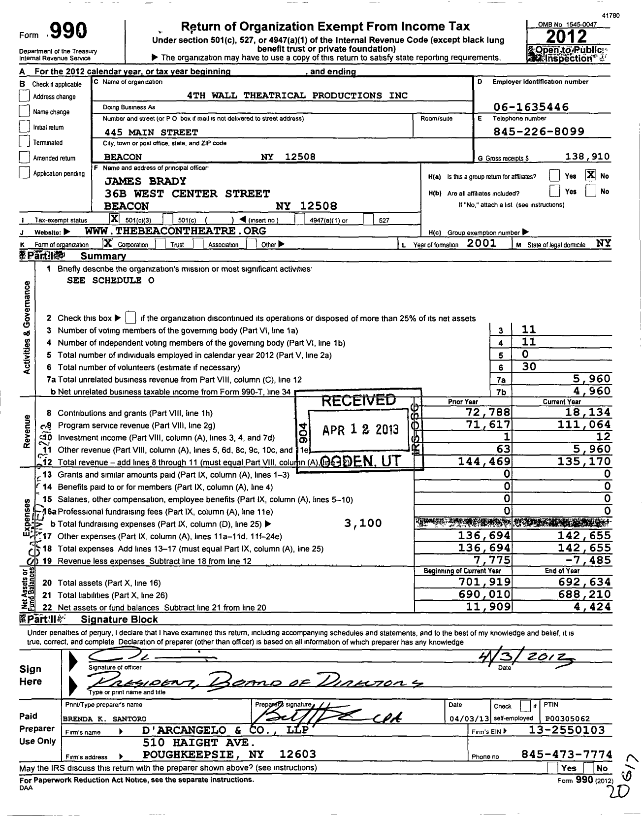 Image of first page of 2012 Form 990 for 4th Wall Theatrical Productions