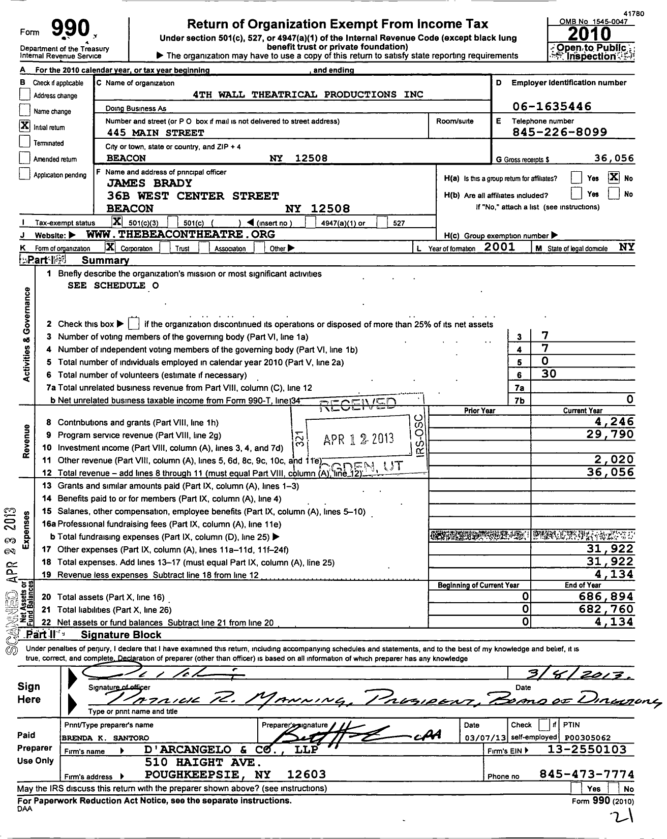 Image of first page of 2010 Form 990 for 4th Wall Theatrical Productions