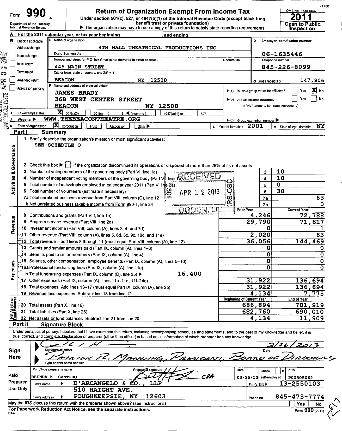 Image of first page of 2011 Form 990 for 4th Wall Theatrical Productions