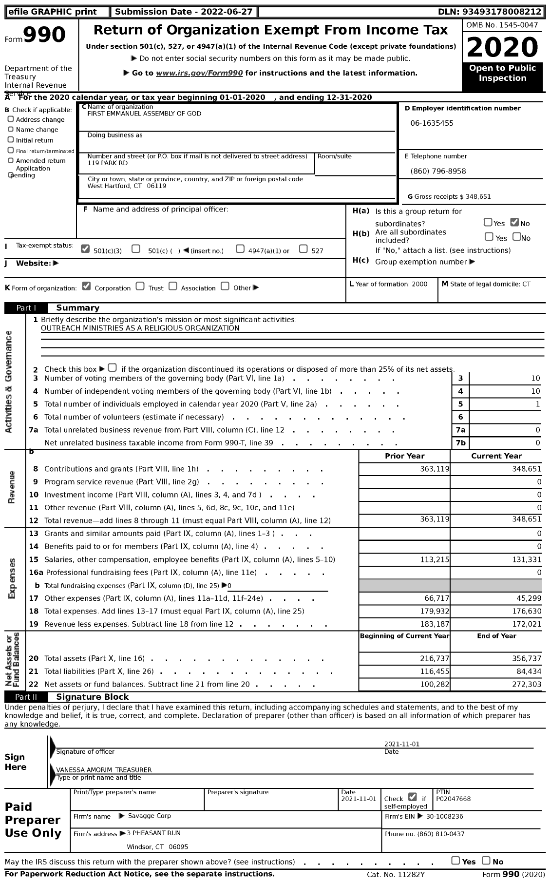 Image of first page of 2020 Form 990 for First Emmanuel Assembly of God