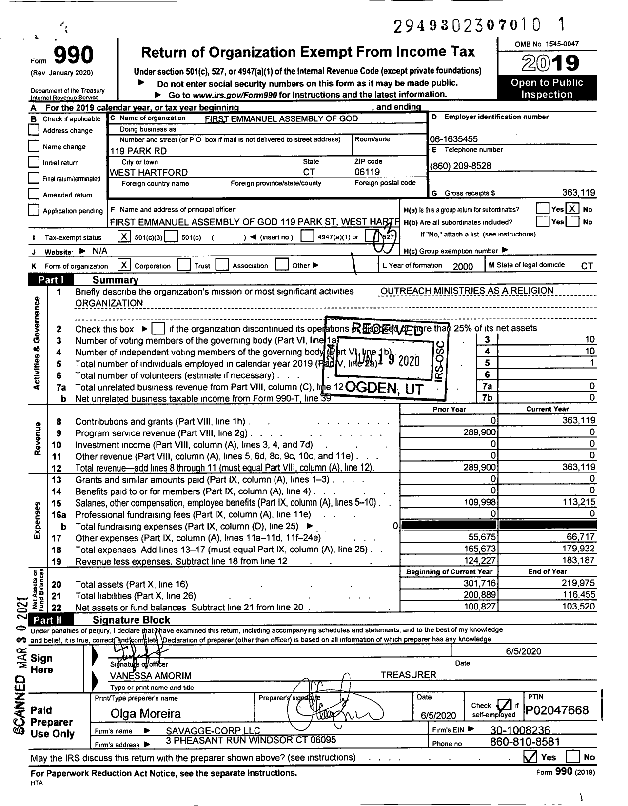 Image of first page of 2019 Form 990 for First Emmanuel Assembly of God