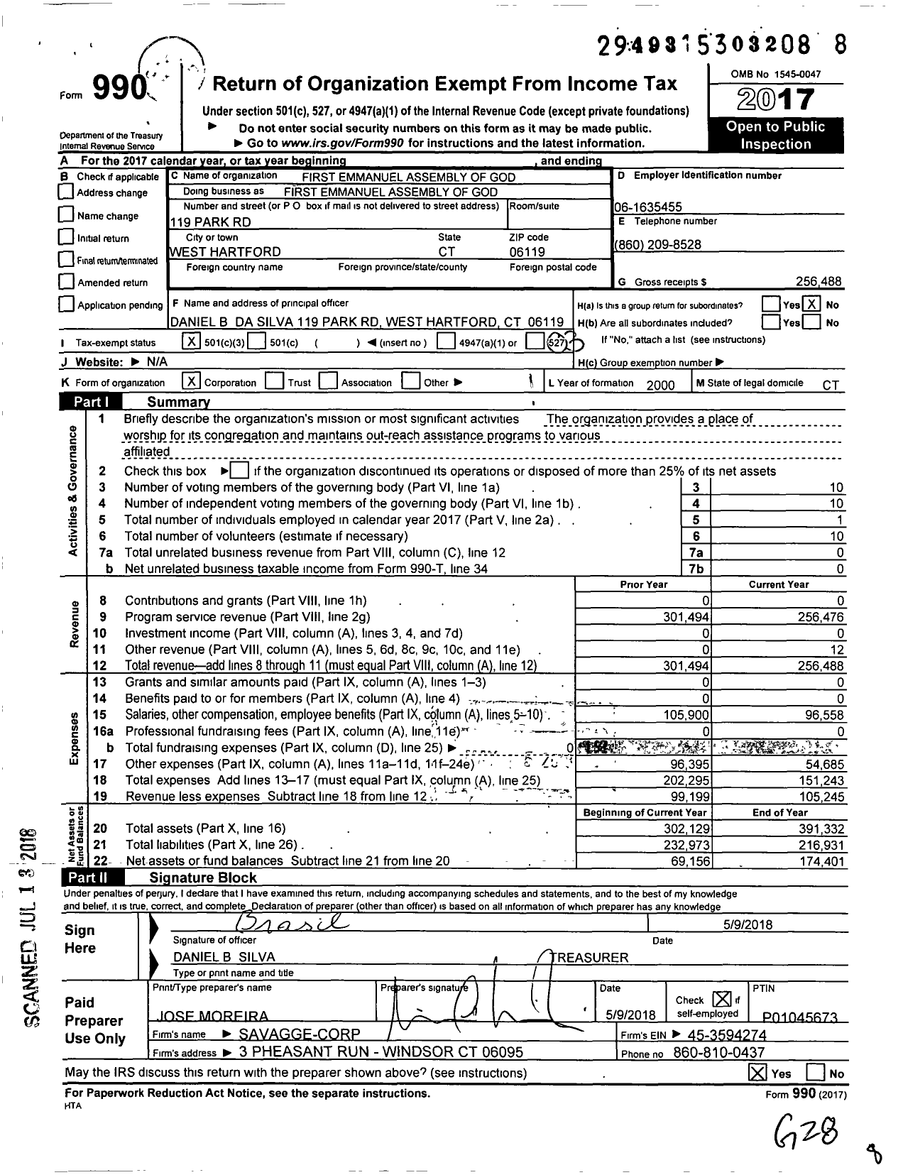 Image of first page of 2017 Form 990 for First Emmanuel Assembly of God