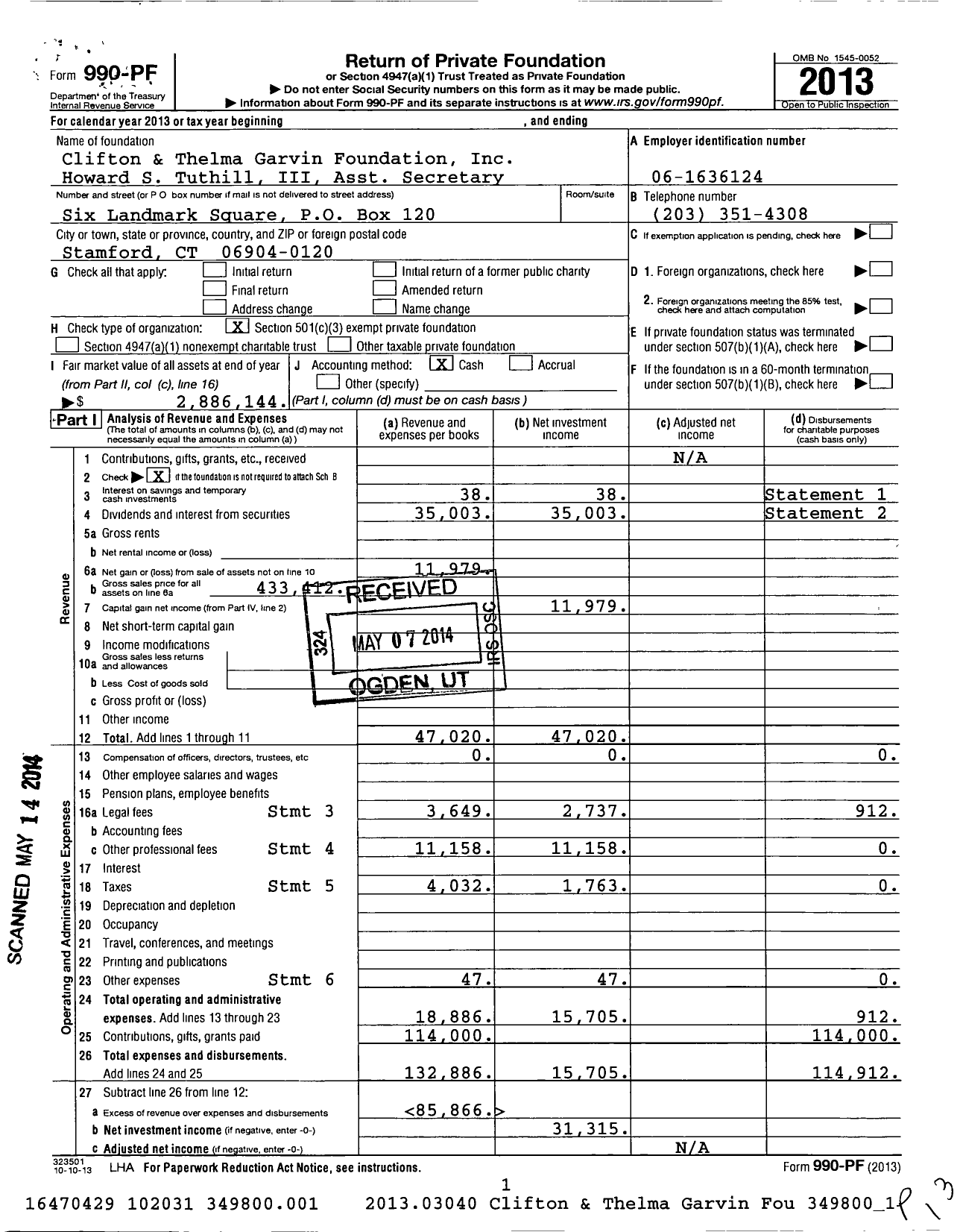 Image of first page of 2013 Form 990PF for Clifton and Thelma Garvin Foundation