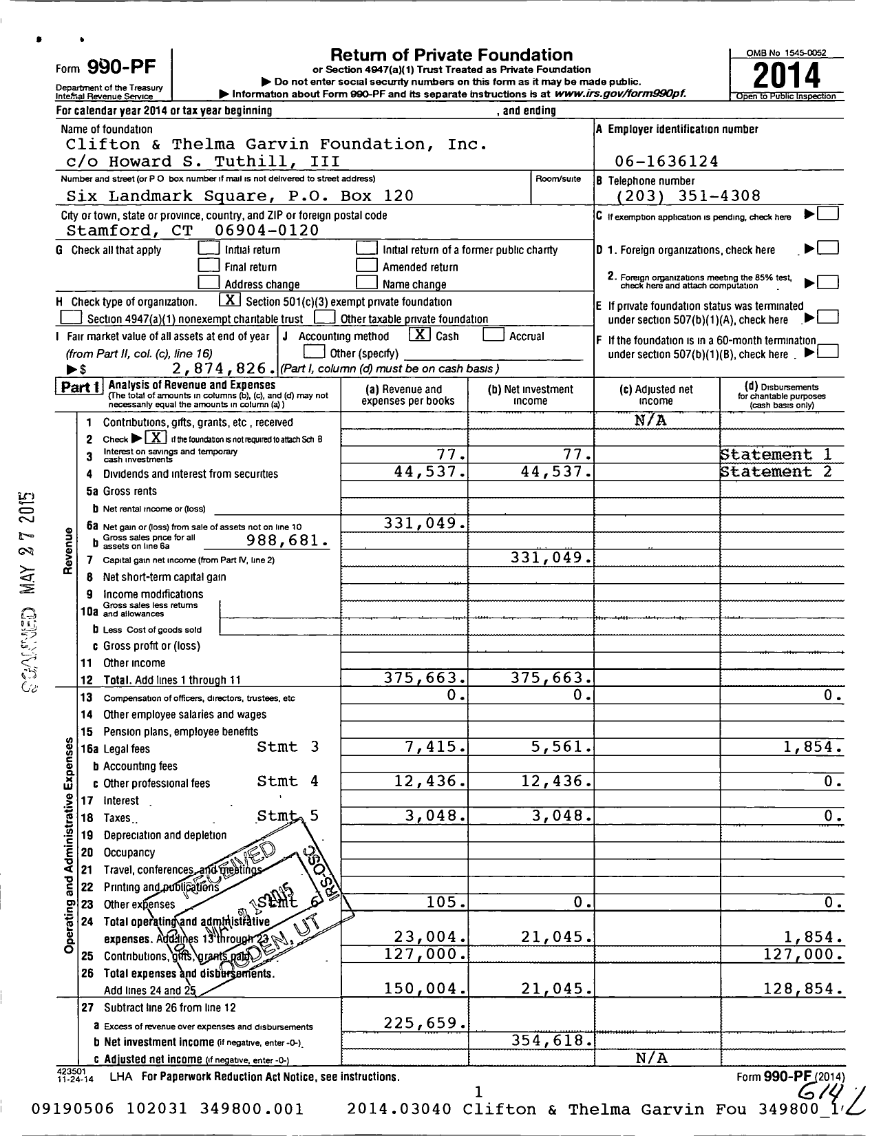 Image of first page of 2014 Form 990PF for Clifton and Thelma Garvin Foundation