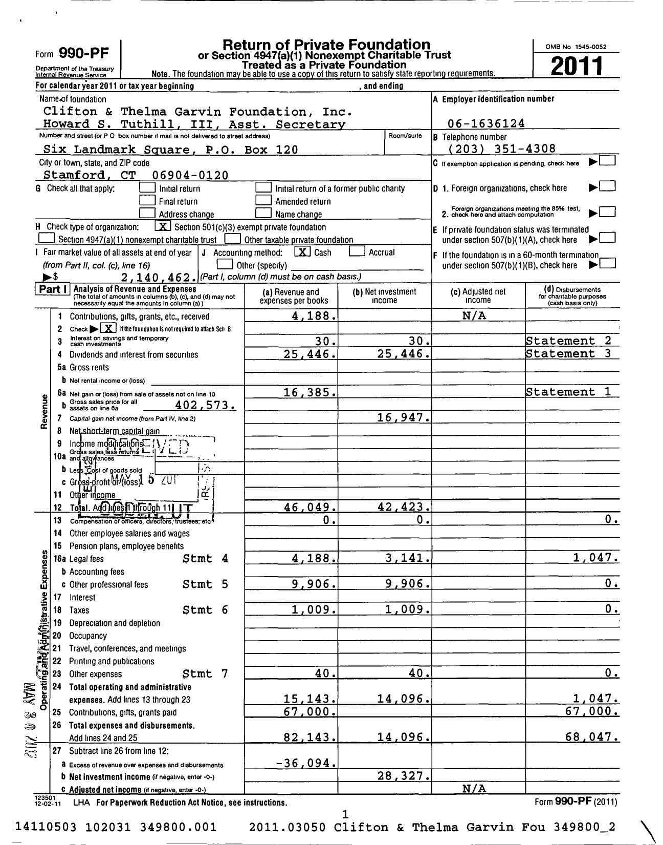 Image of first page of 2011 Form 990PF for Clifton and Thelma Garvin Foundation