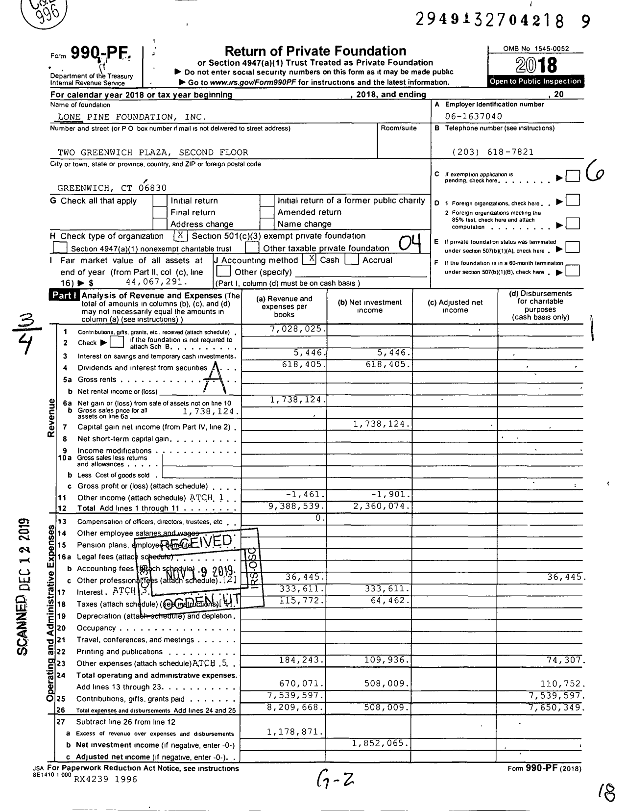 Image of first page of 2018 Form 990PF for Lone Pine Foundation