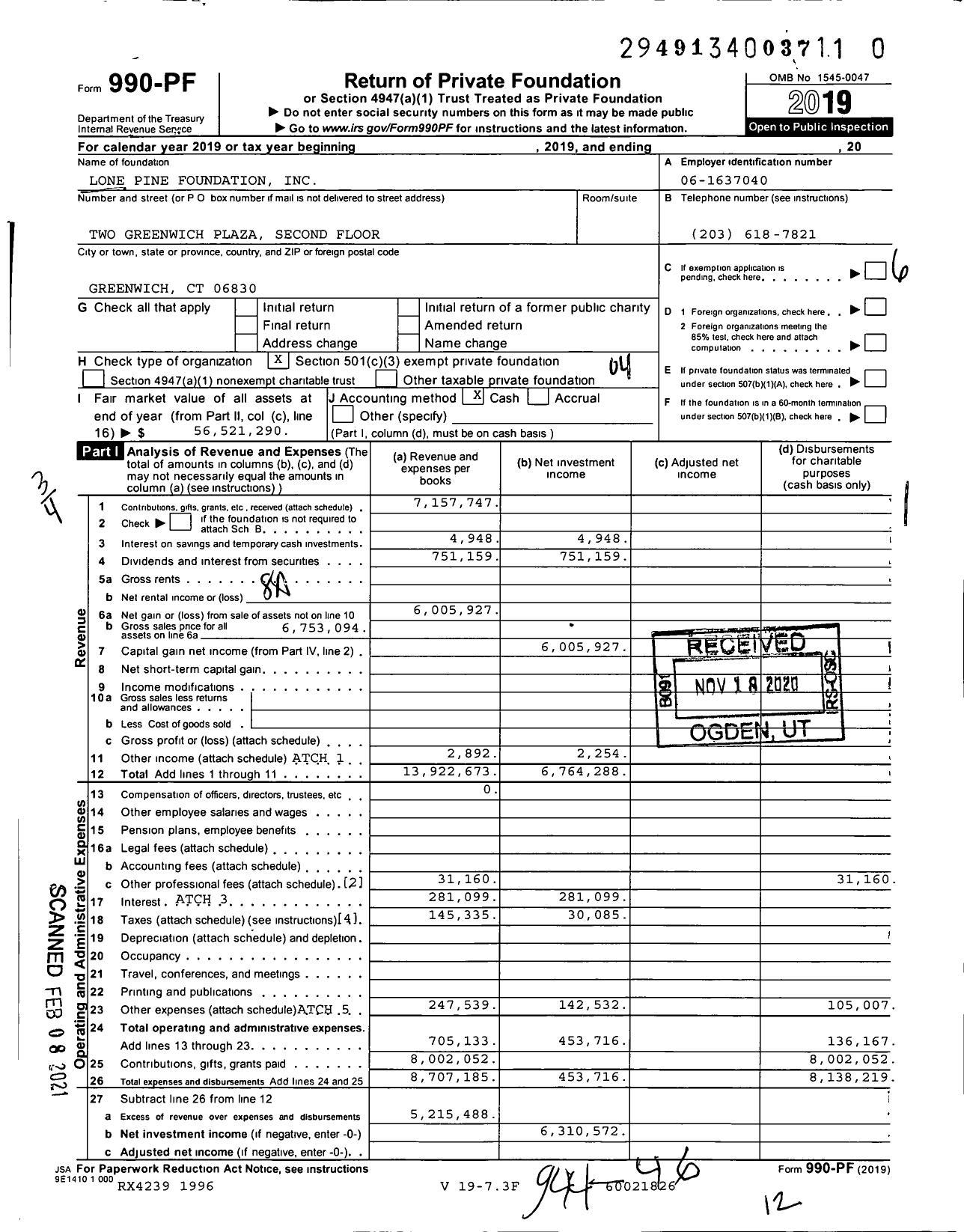 Image of first page of 2019 Form 990PF for Lone Pine Foundation
